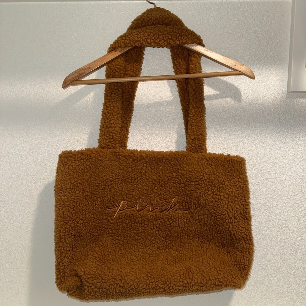 Victoria's Secret PINK Sherpa Tote Bag Brown Plush Shoulder Bag Cozy Fleece